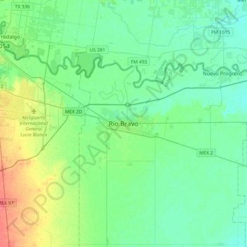 Carte topographique Río Bravo, altitude, relief