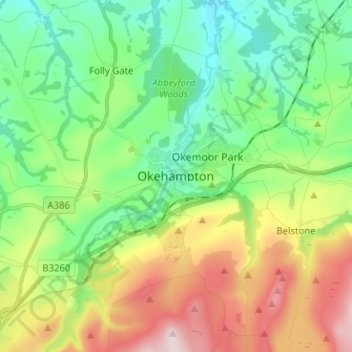 Carte topographique Okehampton, altitude, relief