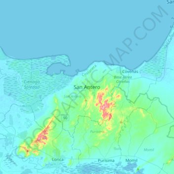 Carte topographique San Antero, altitude, relief