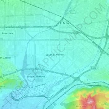 Carte topographique South El Monte, altitude, relief