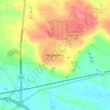 Carte topographique Maghaberry, altitude, relief