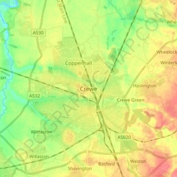 Carte topographique Crewe, altitude, relief