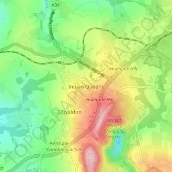 Carte topographique Indian Queens, altitude, relief