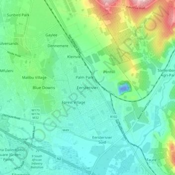 Carte topographique Eersterivier, altitude, relief