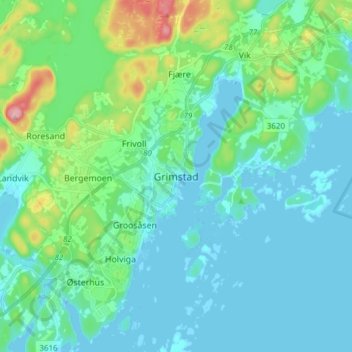 Carte topographique Grimstad, altitude, relief