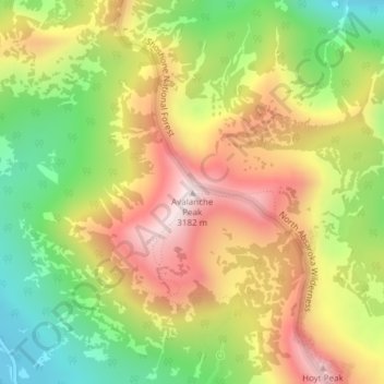 Carte topographique Avalanche Peak, altitude, relief