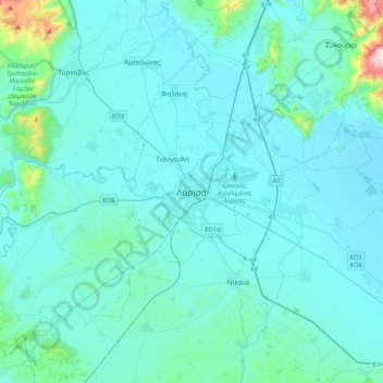 Carte topographique Larissa, altitude, relief