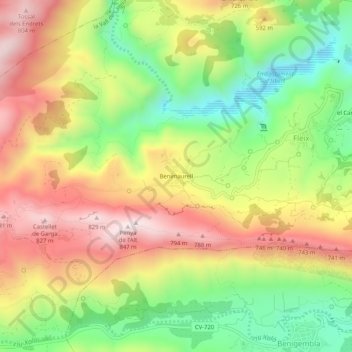 Carte topographique Benimaurell, altitude, relief