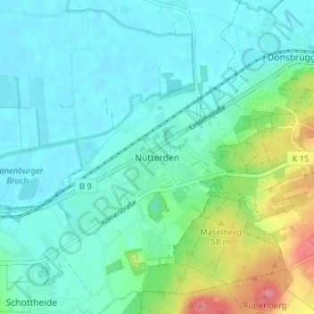 Carte topographique Nütterden, altitude, relief