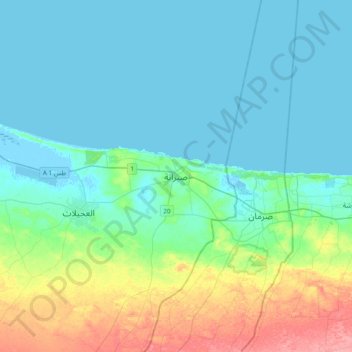 Carte topographique Sabratha, altitude, relief