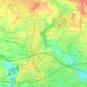 Carte topographique Tréhuinec, altitude, relief