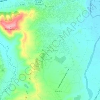 Carte topographique Bouhamdoune, altitude, relief