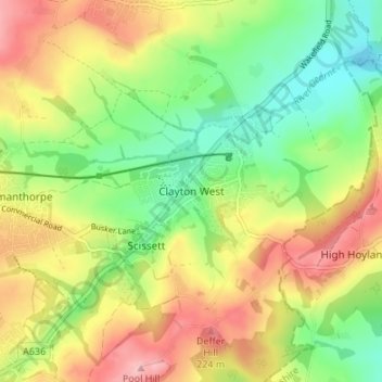 Carte topographique Clayton West, altitude, relief
