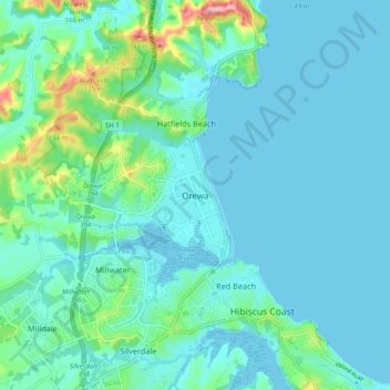 Carte topographique Orewa, altitude, relief