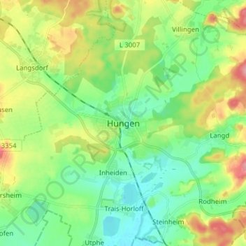 Carte topographique Hungen, altitude, relief