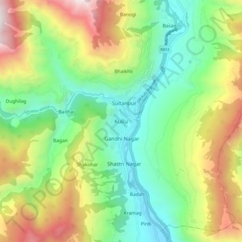 Carte topographique Kullu, altitude, relief