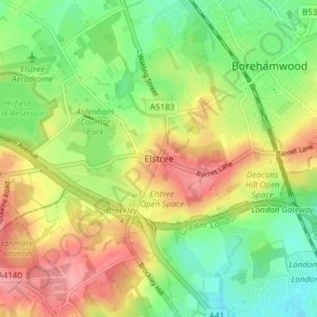 Carte topographique Elstree, altitude, relief