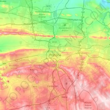 Carte topographique Pretoria, altitude, relief