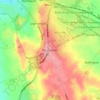 Carte topographique Meir Heath, altitude, relief