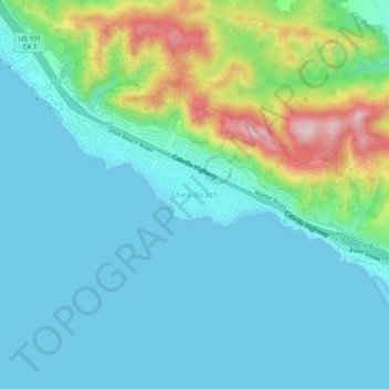 Carte topographique Shell Beach, altitude, relief