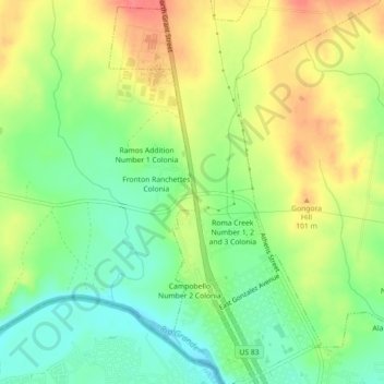 Carte topographique Roma Creek, altitude, relief