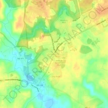 Carte topographique Great Mills, altitude, relief
