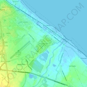 Carte topographique Ponte Metauro, altitude, relief
