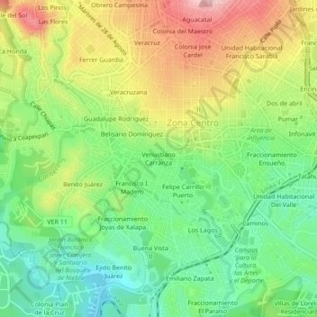 Carte topographique Venustiano Carranza, altitude, relief