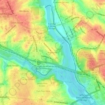 Carte topographique Riverbanks, altitude, relief