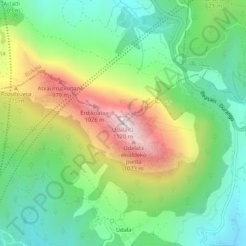 Carte topographique Udalaitz, altitude, relief