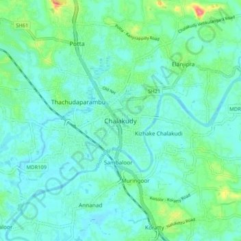 Carte topographique Chalakudy, altitude, relief