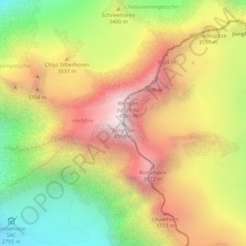 Carte topographique Jungfrau, altitude, relief