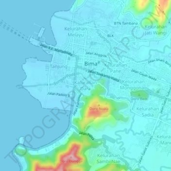 Carte topographique Kalurahan Dara, altitude, relief
