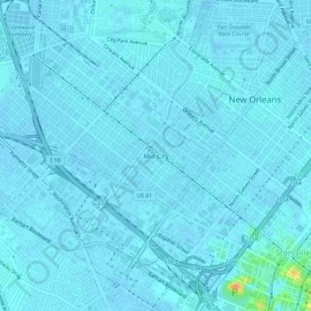 Carte topographique Mid-City, altitude, relief