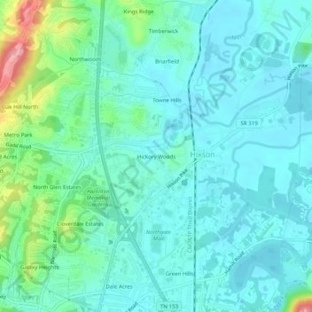 Carte topographique Hickory Woods, altitude, relief