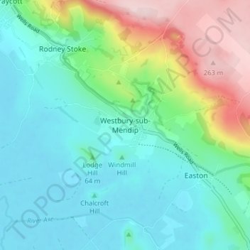 Carte topographique Westbury-sub-Mendip, altitude, relief
