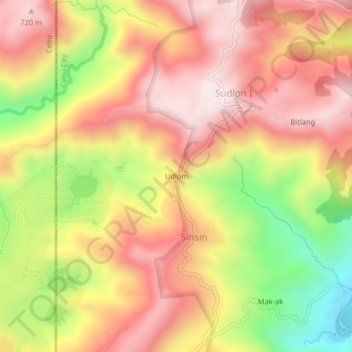 Carte topographique Udlom, altitude, relief