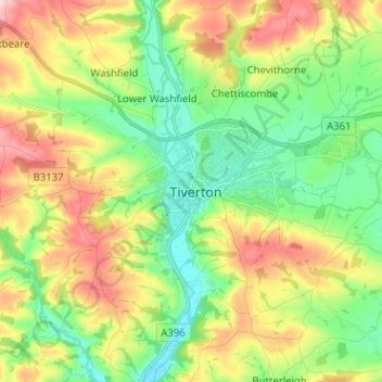 Carte topographique Tiverton, altitude, relief
