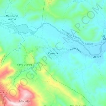 Carte topographique Coyutla, altitude, relief