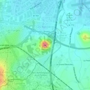 Carte topographique Puy de Crouël, altitude, relief