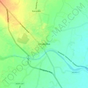 Carte topographique Devakottai, altitude, relief