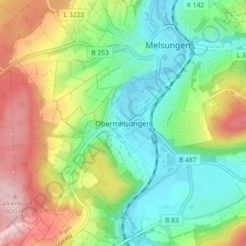 Carte topographique Obermelsungen, altitude, relief