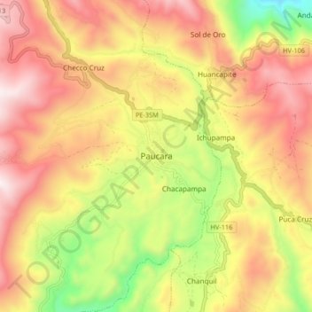 Carte topographique Paucara, altitude, relief