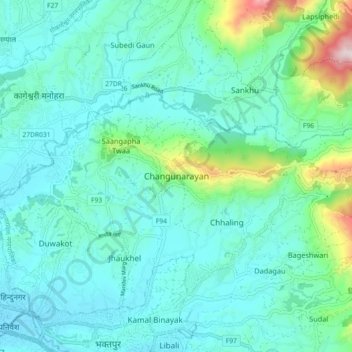 Carte topographique Changunarayan, altitude, relief