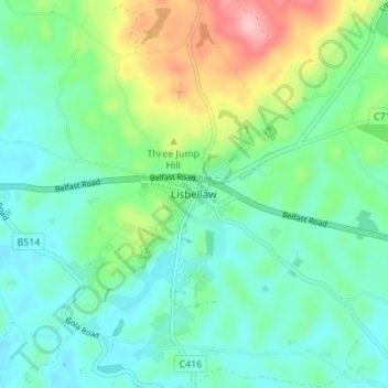 Carte topographique Lisbellaw, altitude, relief