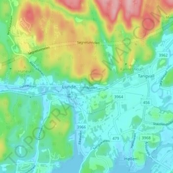 Carte topographique Søgne, altitude, relief