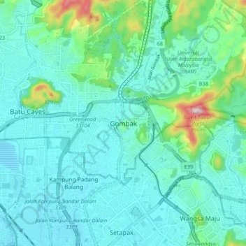 Carte topographique Gombak, altitude, relief