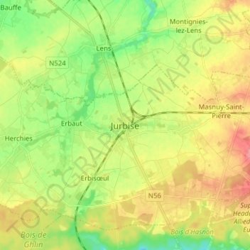 Carte topographique Jurbise, altitude, relief