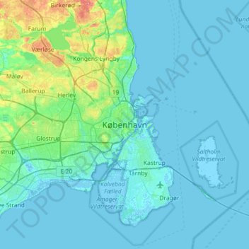 Carte topographique Copenhague, altitude, relief