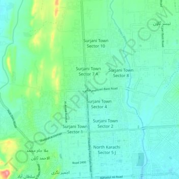 Carte topographique Surjani, altitude, relief